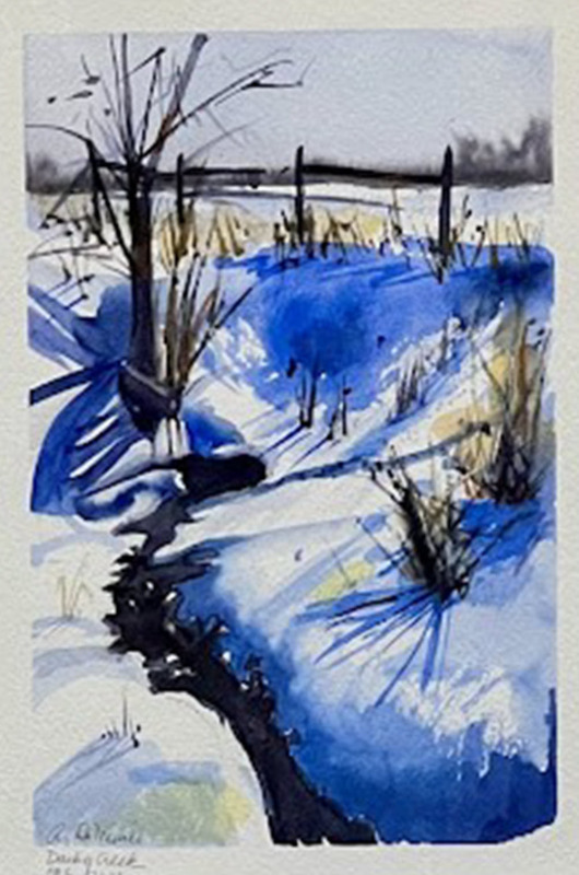 "Darby Creek" by Adele DiMinno - a painting of a creek in the snow